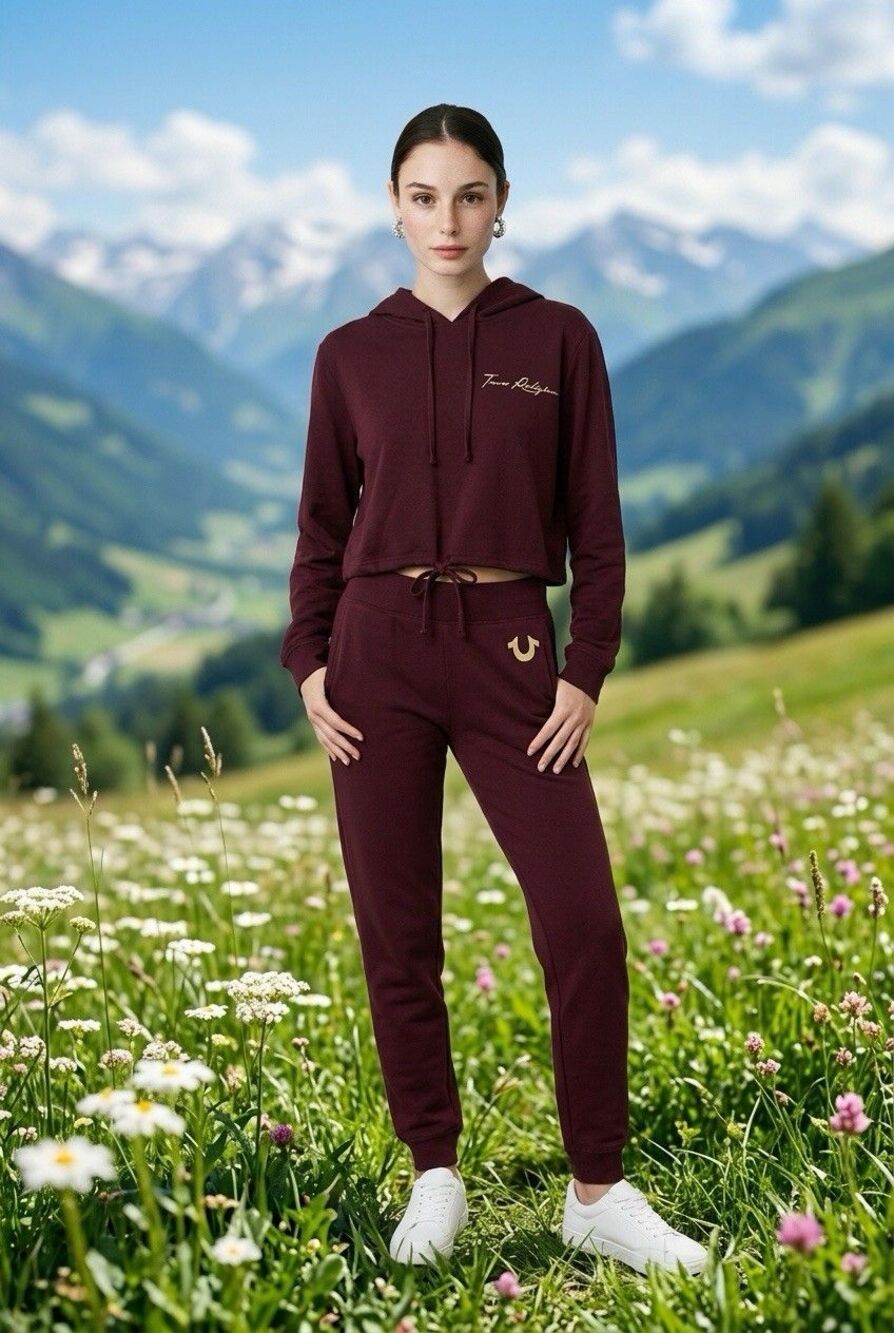 True Religion Logo Crop Woman Hoody Dark Burgundy Xl Outdoors Sports Gym